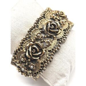 Rare Vintage 1950 Frank Tortolani Rose and Lace Wide Bangle Clamper Bracelet